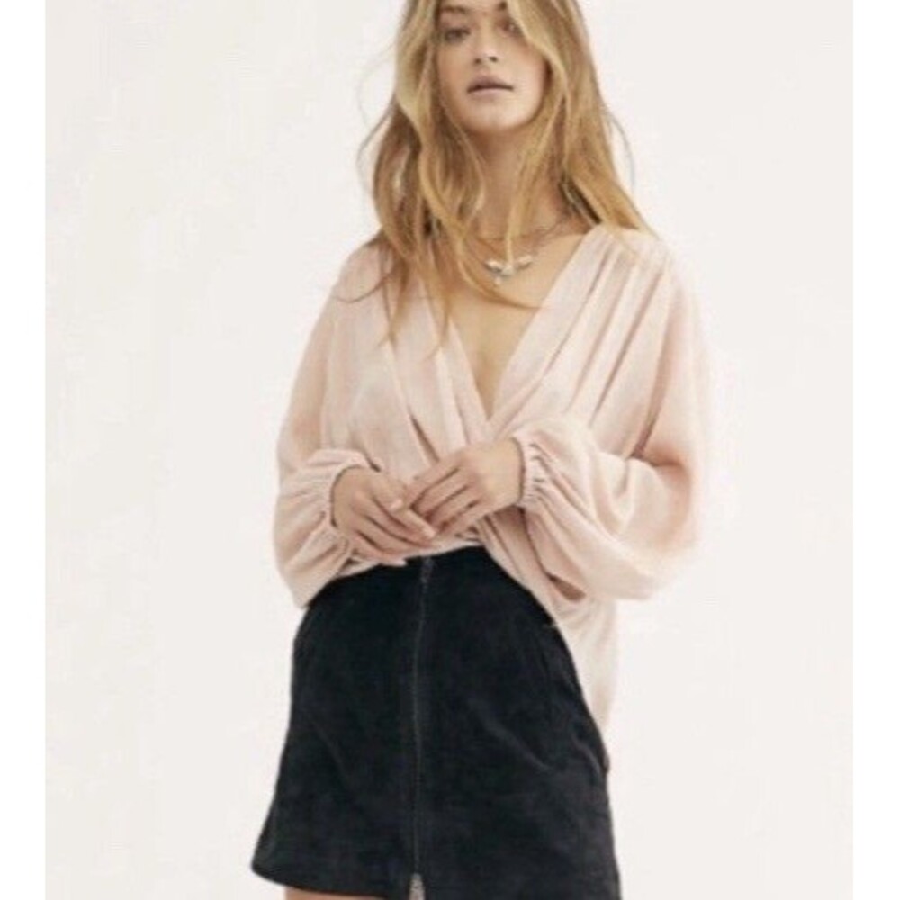 Free People Check On It Faux Wrap Pink Long Sleeve High Low Top Women's Sz Med